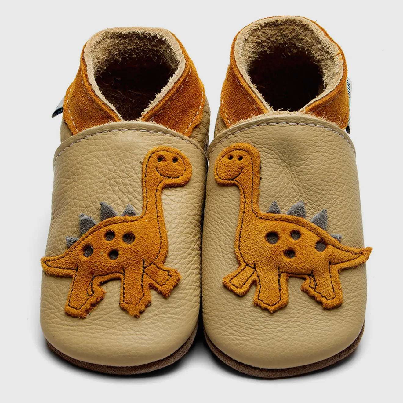 Cream dino barefoot baby shoes|Gifts of Wales