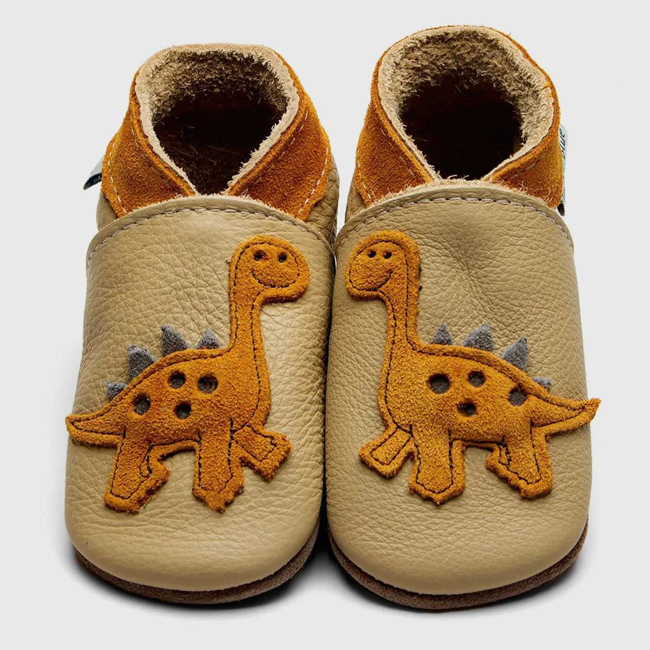 Cream dino barefoot baby shoes|Gifts of Wales