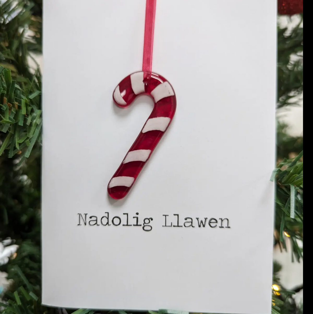 Fused glass candy cane decoration card