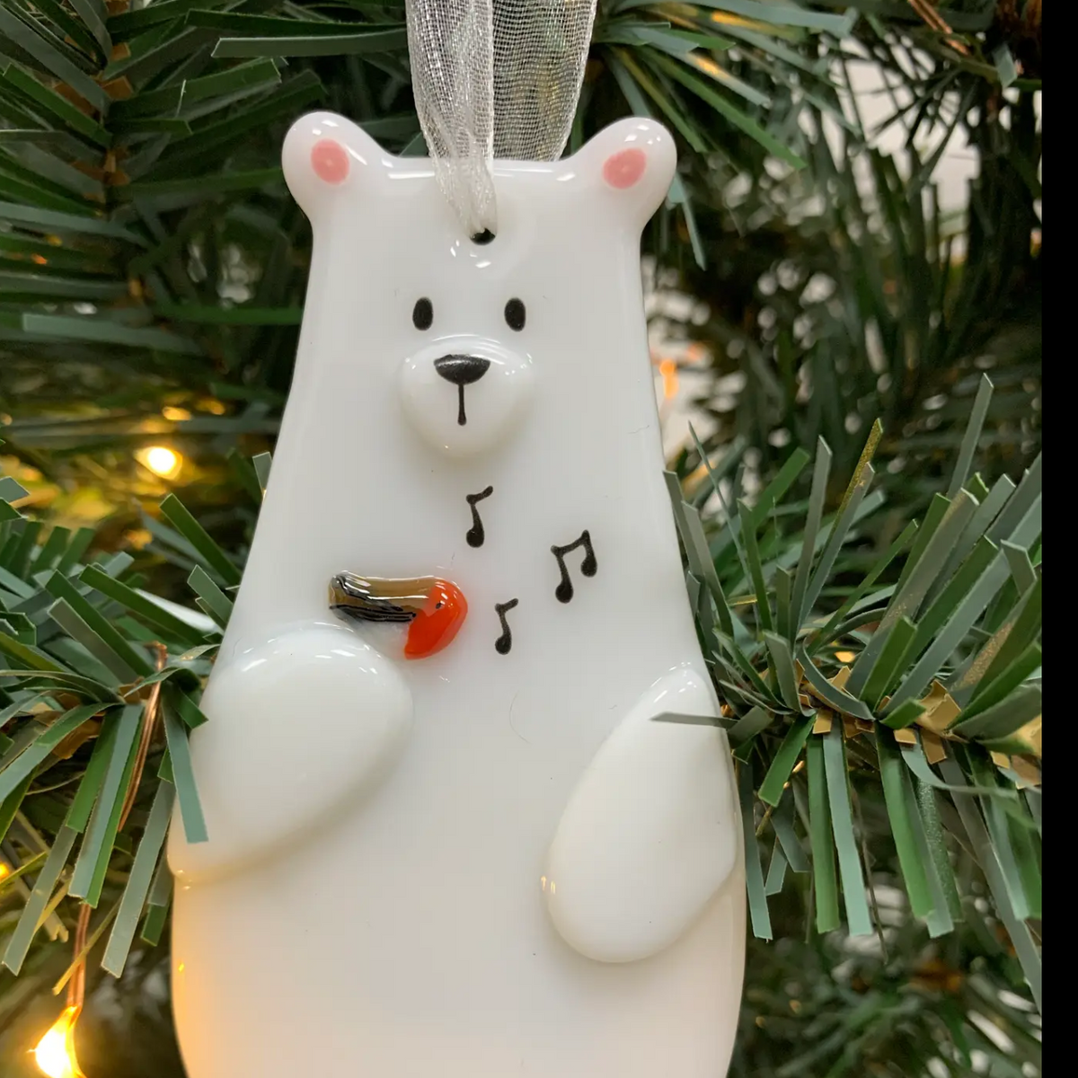 Fused glass decoration - Polar bear with singing robin