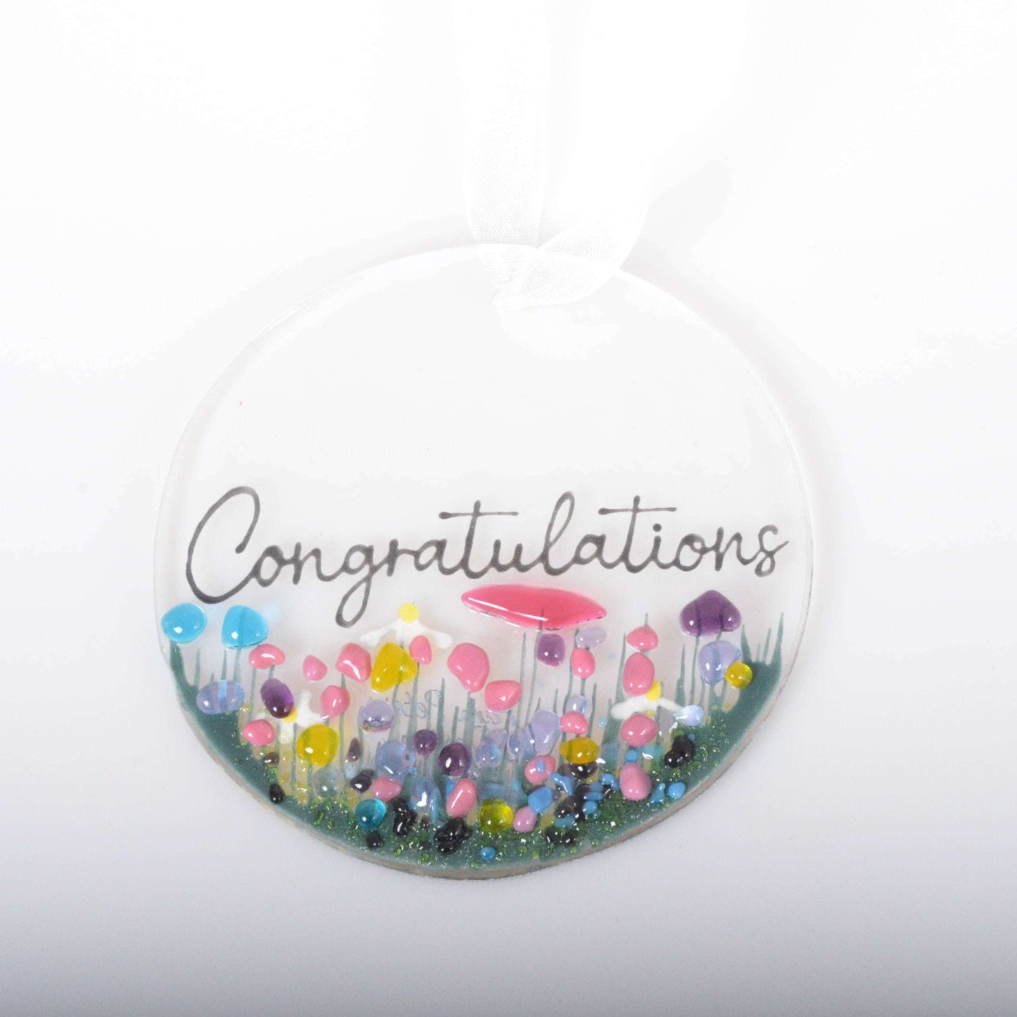Handmade Fused Glass Hanging Decoration -'Congratulations'|Gifts of Wales