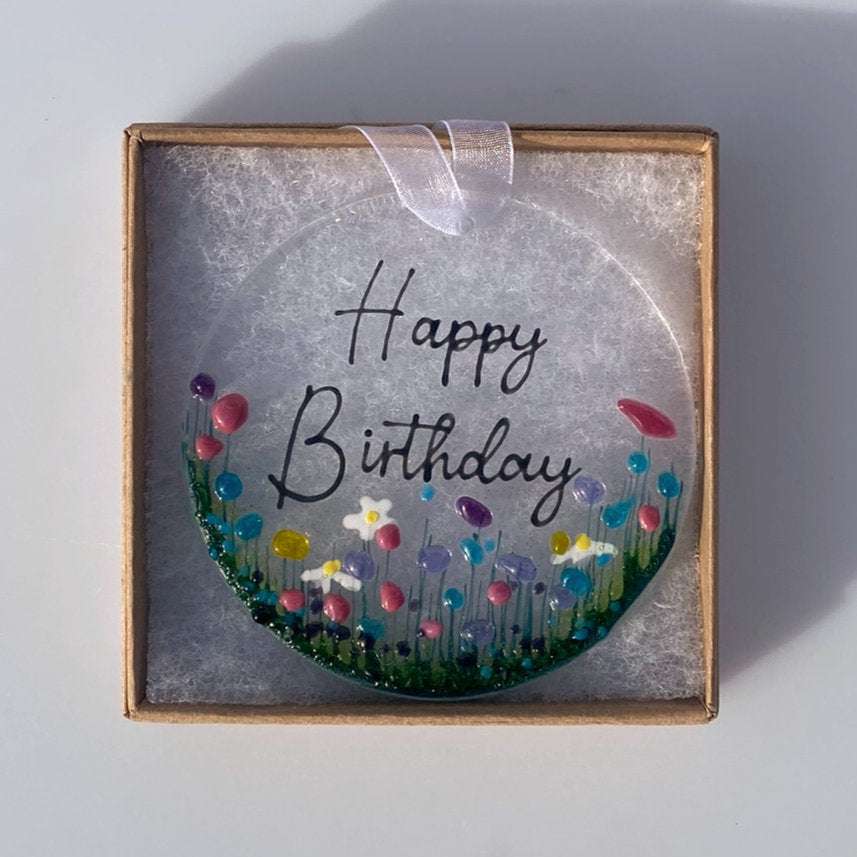 Happy birthday fused glass decoration