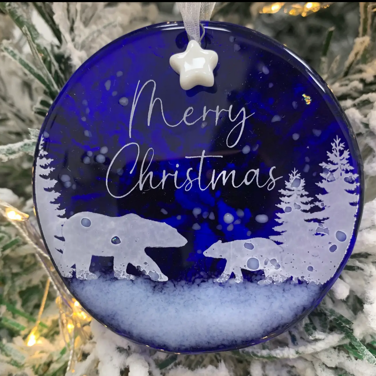 Mum and cub bear fused glass Christmas decoration