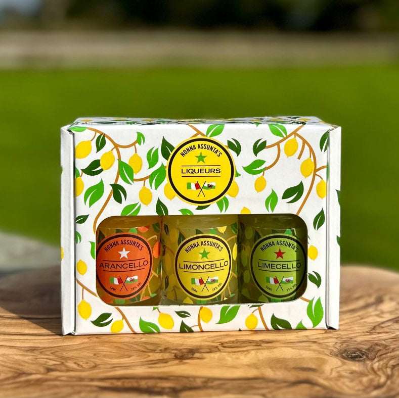 Nonna Assunta 3x 20cl “cello” gift set containing arancello, limoncello and limecello