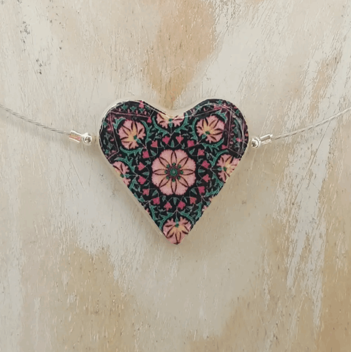 Red flower heart ceramic on wire necklace