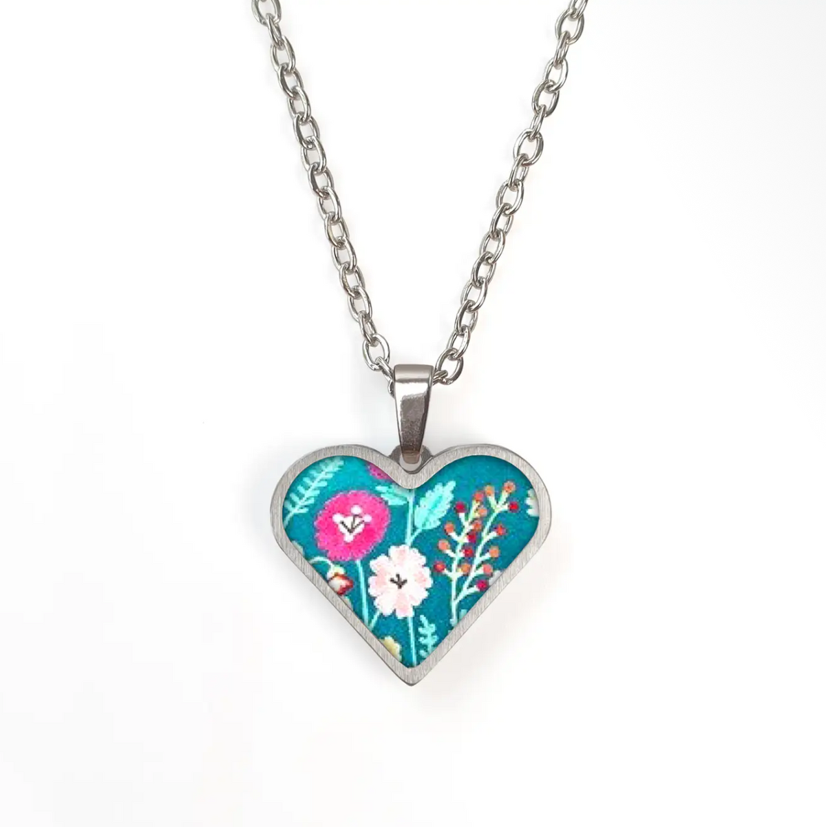 Turquoise floral ceramic heart on Stainless steel chain