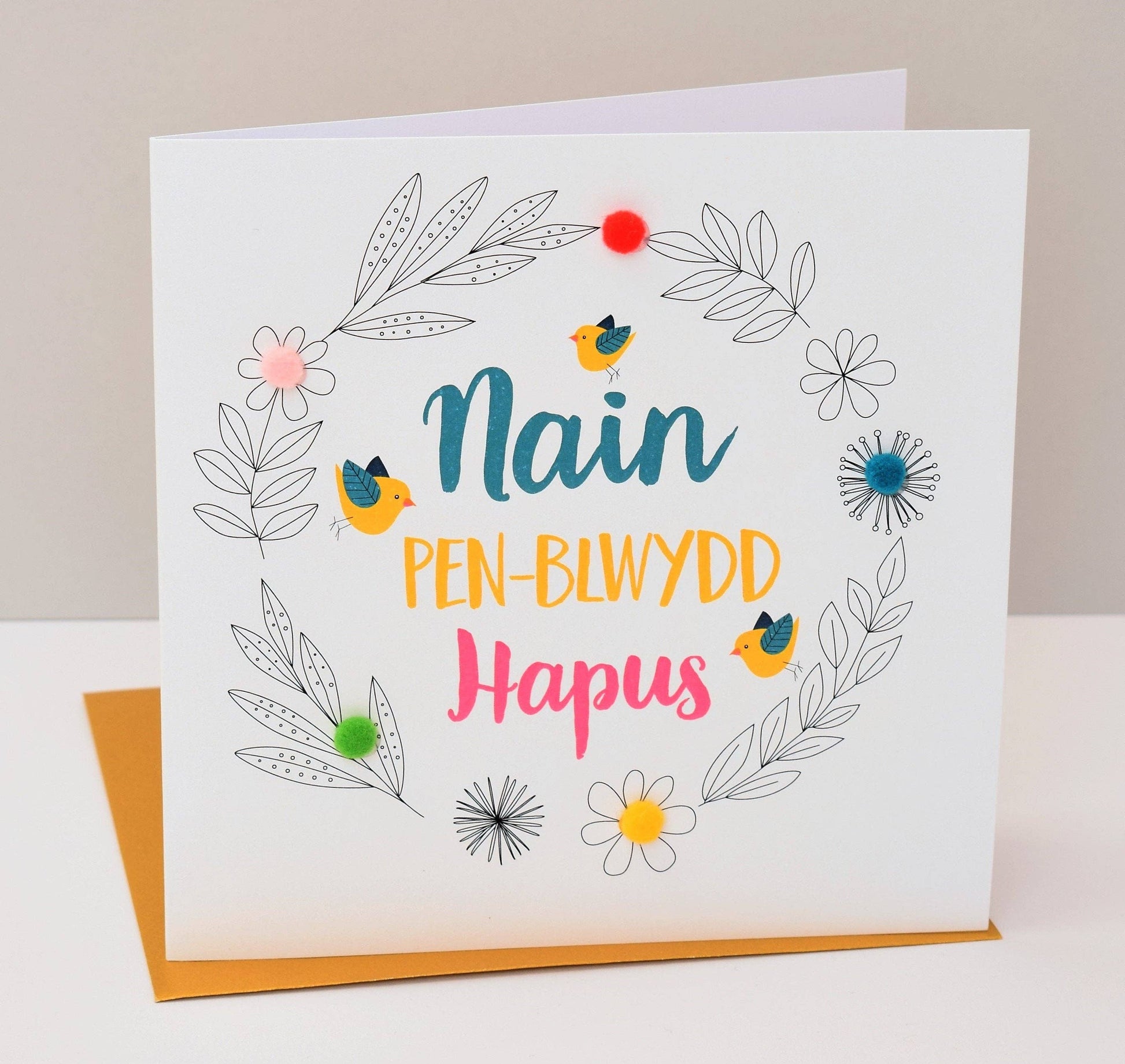 Welsh Granny Birthday Card, Penblwydd Hapus Nain, Birds, Pompom Embellished - Gifts of Wales