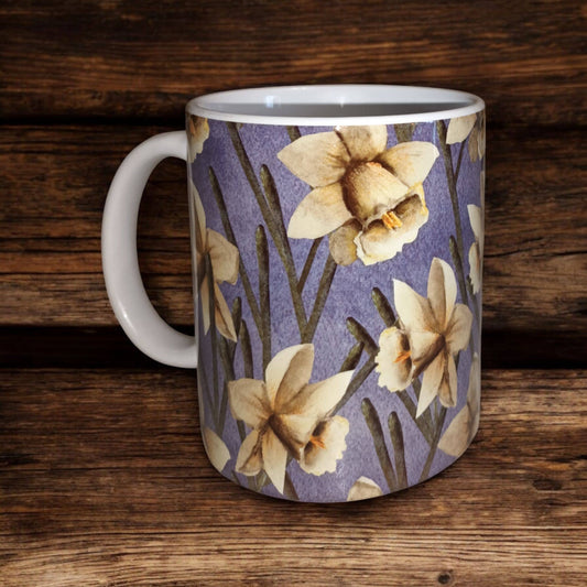 Vintage style daffodil printed ceramic mug: Grey - Gifts of Wales