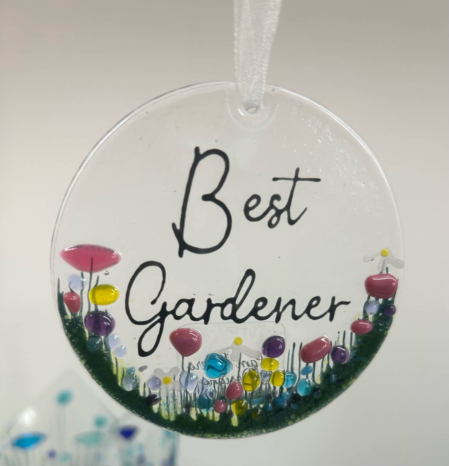 Handmade Fused Glass Hanging Decoration - 'Best Gardener' - Gifts of Wales