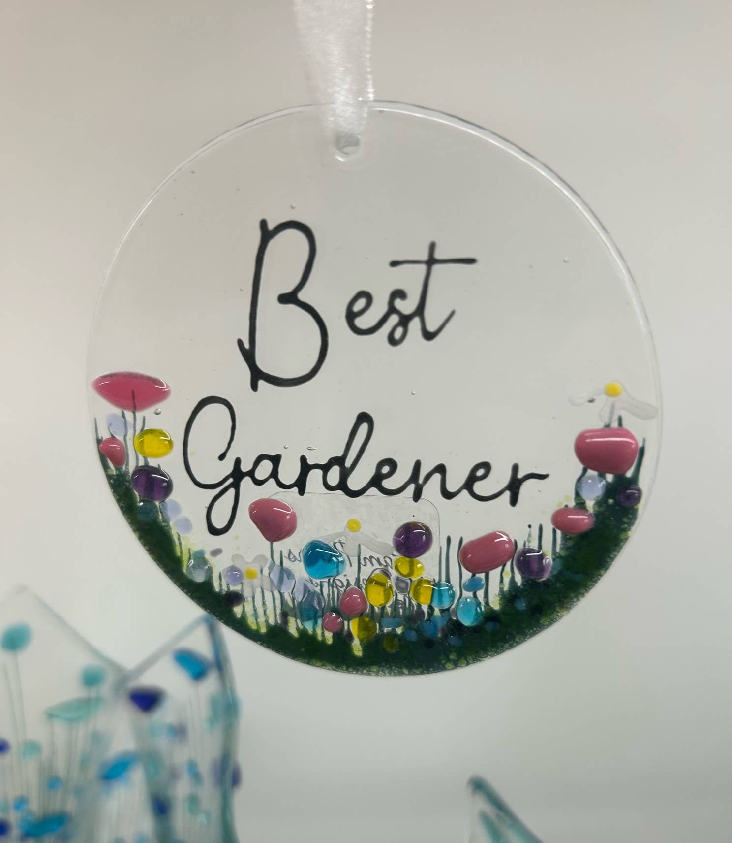 Handmade Fused Glass Hanging Decoration - 'Best Gardener' - Gifts of Wales