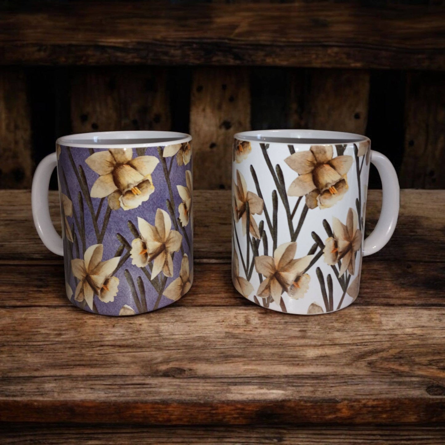 Vintage style daffodil printed ceramic mug: Grey - Gifts of Wales