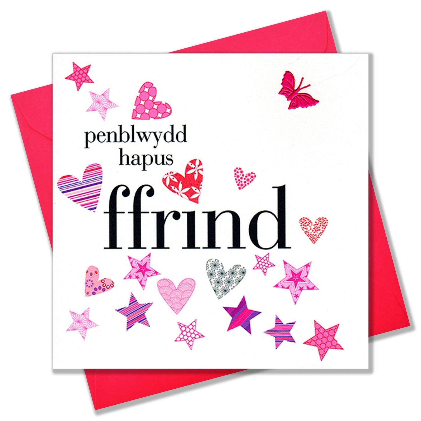 Welsh Friend Birthday Card, Penblwydd Hapus, Pink, fabric butterfly embellished - Gifts of Wales