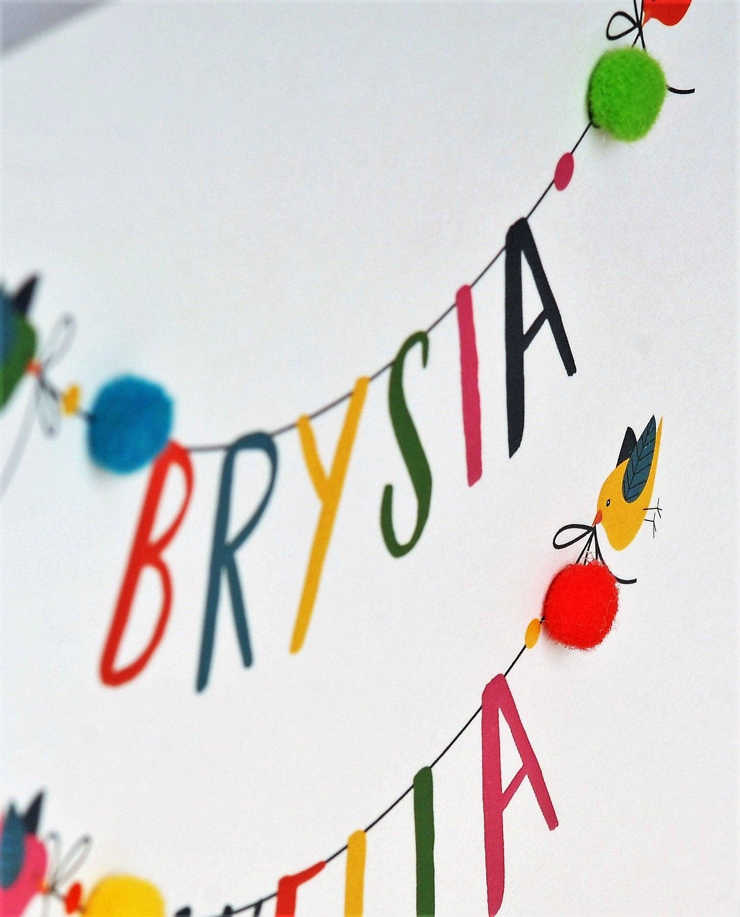 Welsh Get Well Card, Banner, Get Well Soon, Embellished with colourful pompoms - Gifts of Wales