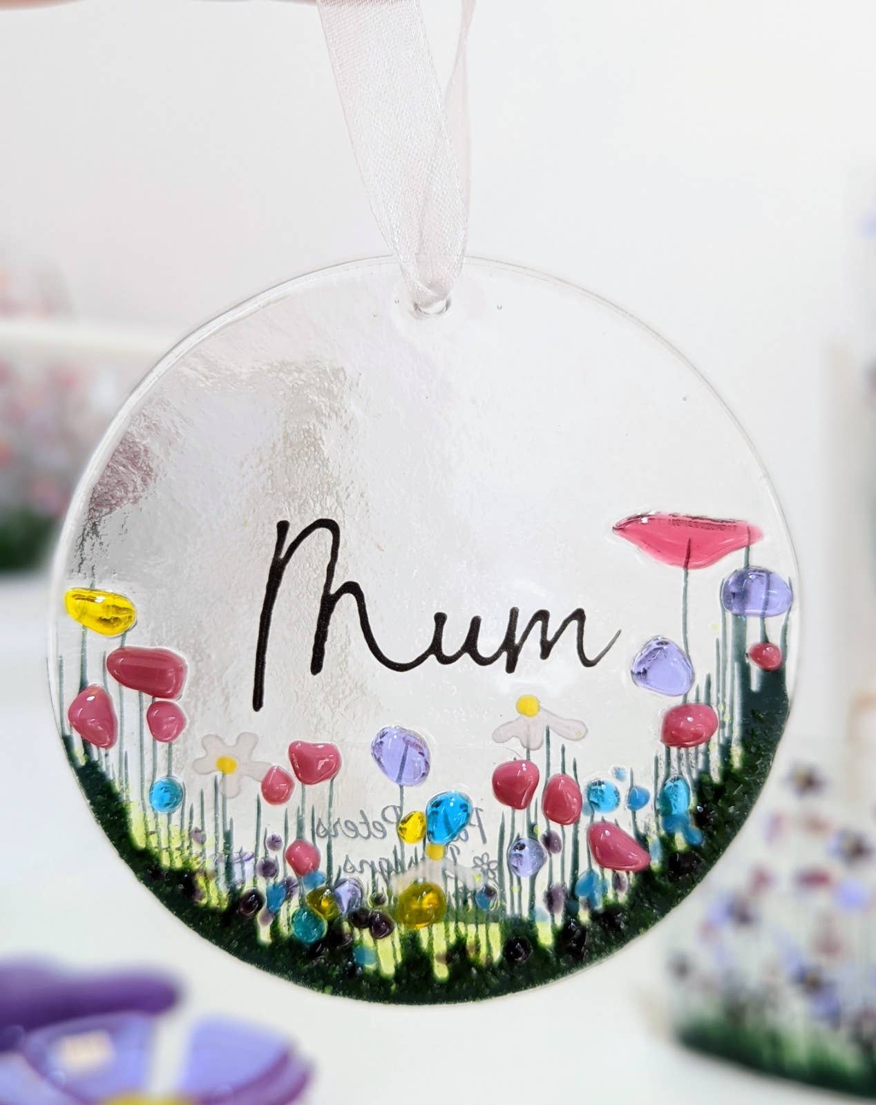 Handmade Fused Glass Hanging Decoration - 'Mum': Yes with Gift Box - Gifts of Wales