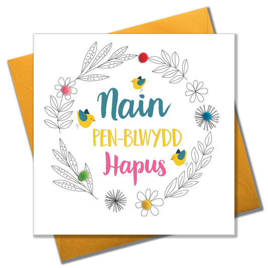 Welsh Granny Birthday Card, Penblwydd Hapus Nain, Birds, Pompom Embellished - Gifts of Wales