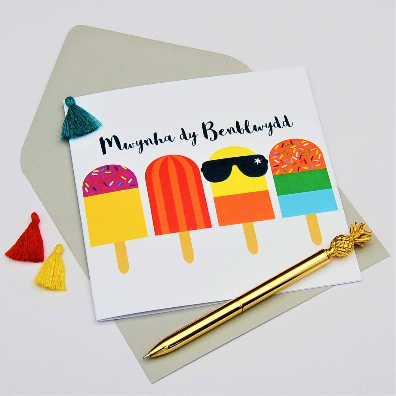 Welsh Birthday Card, Penblwydd Hapus, Ice Pops Cool Birthday, Tassel Embellished - Gifts of Wales