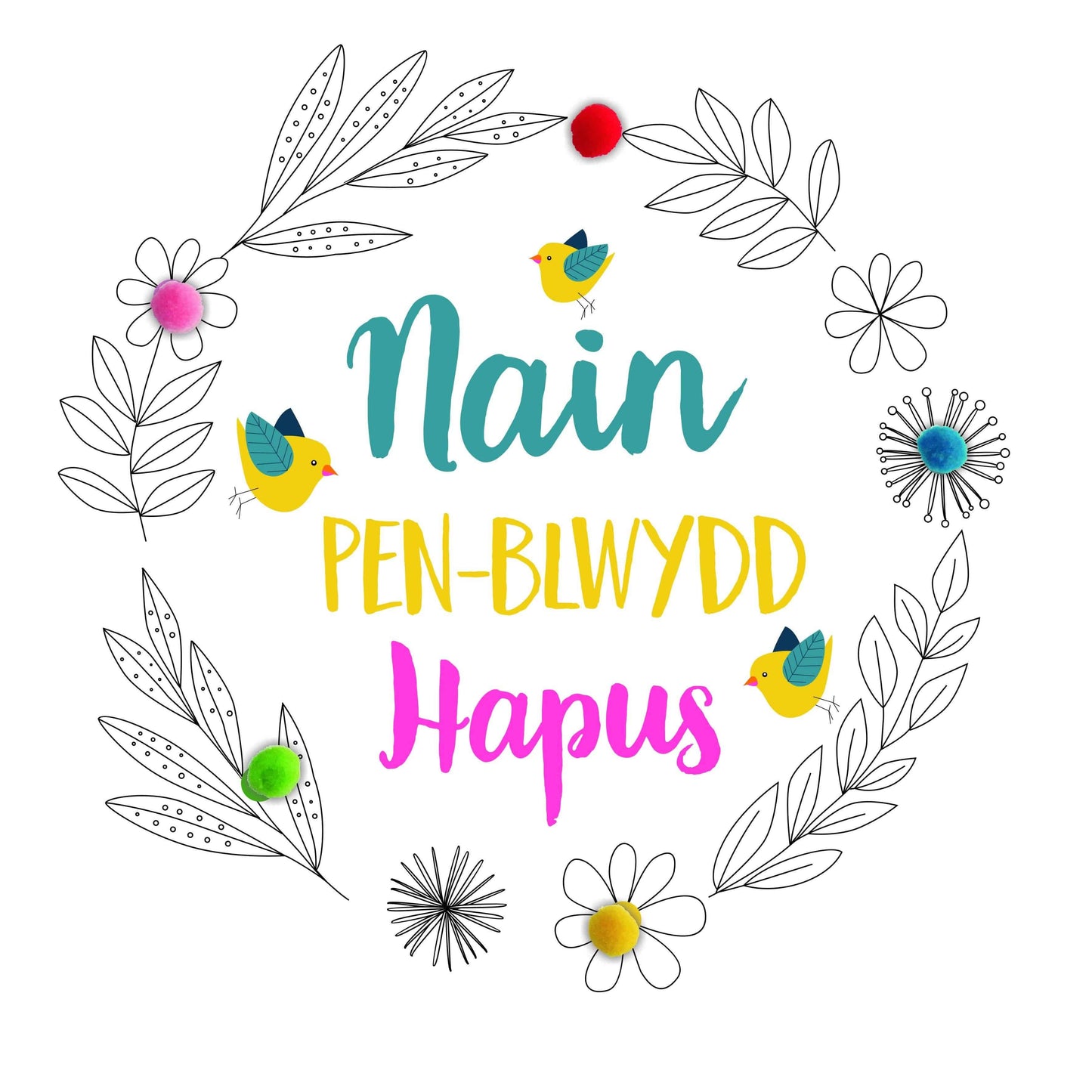 Welsh Granny Birthday Card, Penblwydd Hapus Nain, Birds, Pompom Embellished - Gifts of Wales