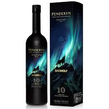 Penderyn Backwolf 10-year-old whisky bottle and packaging on a white background