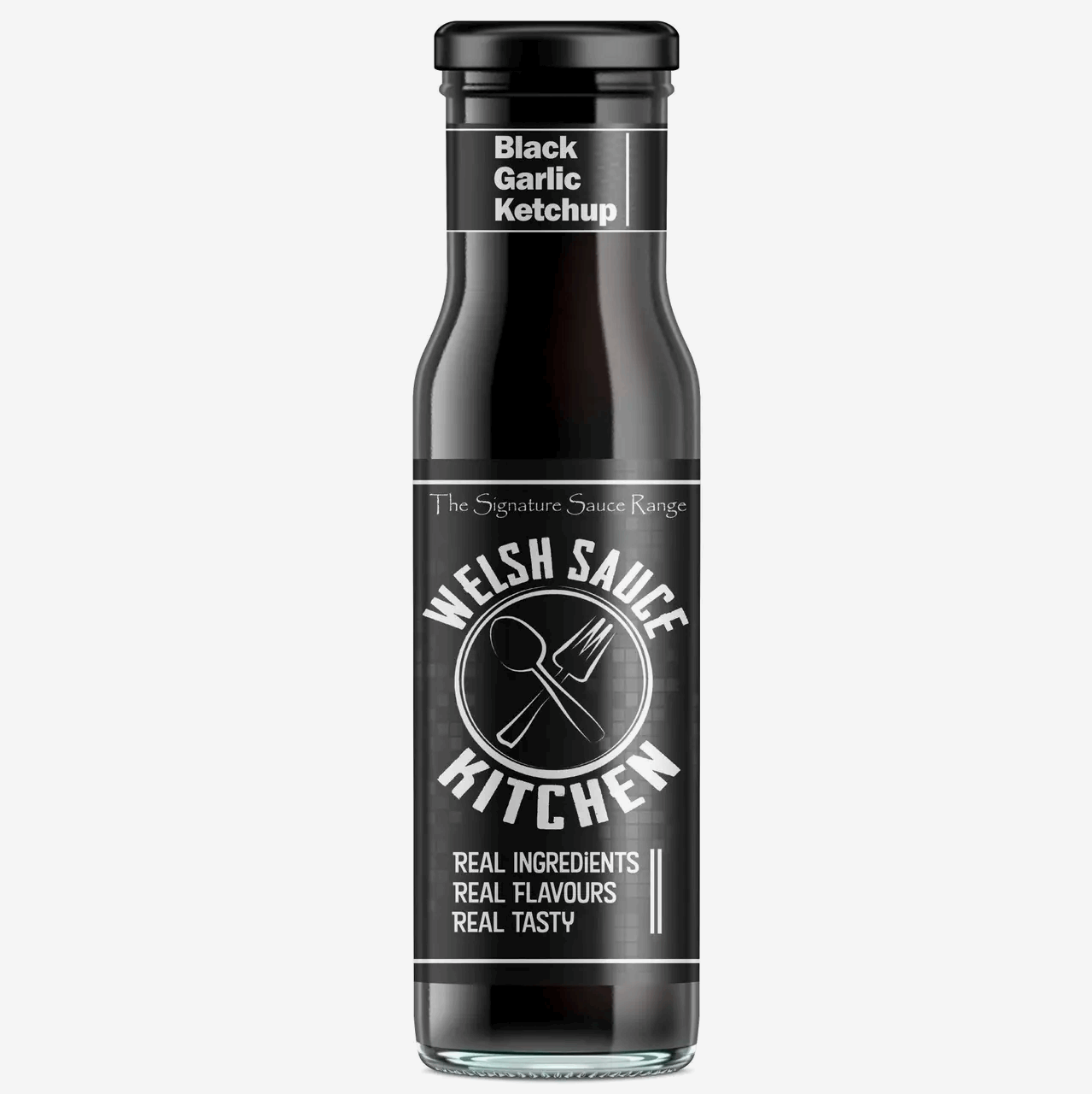 Bottle of Black Garlic Ketchup from Welsh Sauce Kitchen on a white background