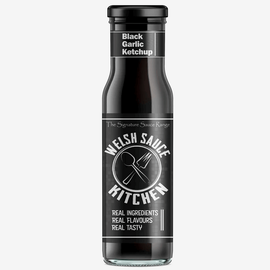 Bottle of Black Garlic Ketchup from Welsh Sauce Kitchen on a white background