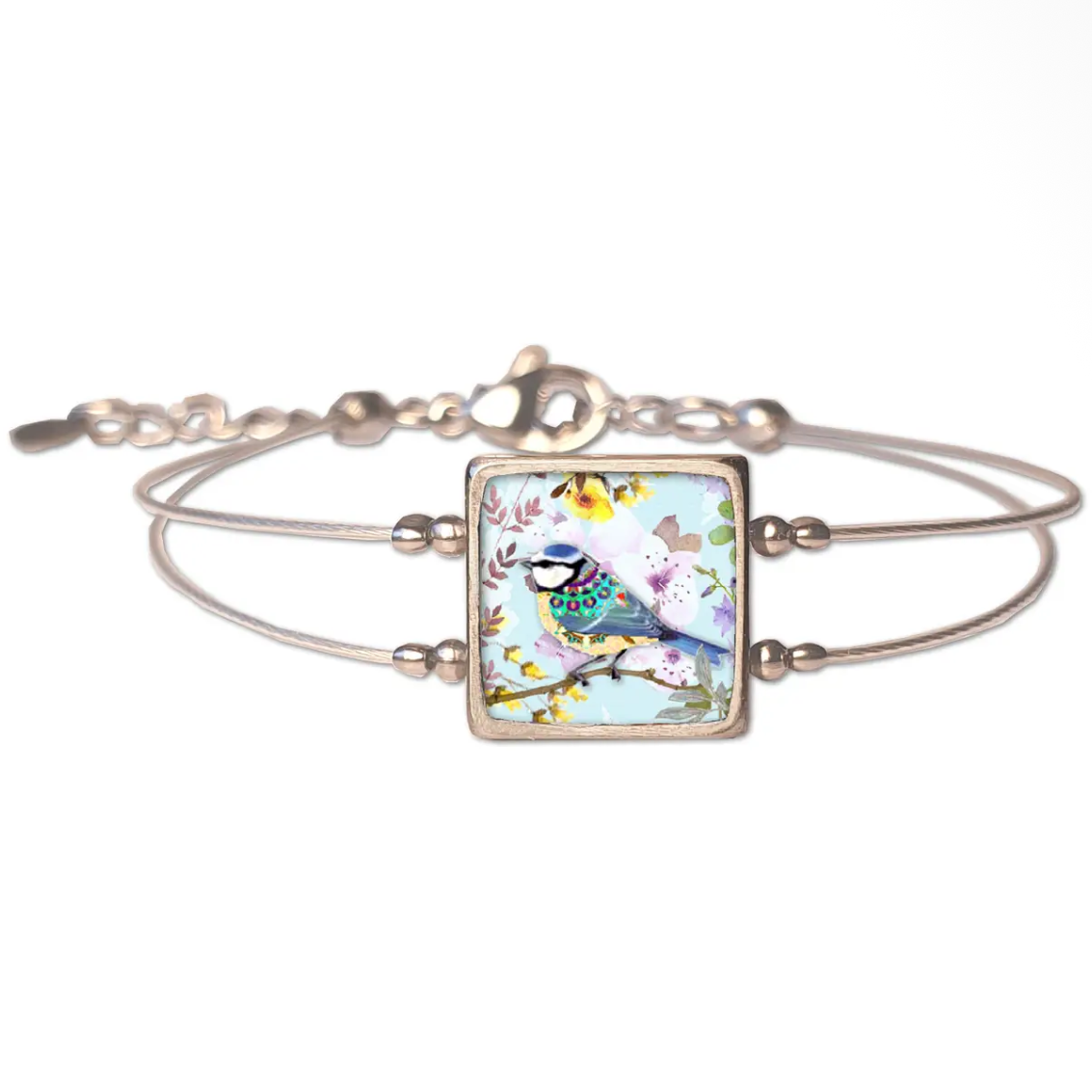 Blue tit square framed stainless steel bracelet