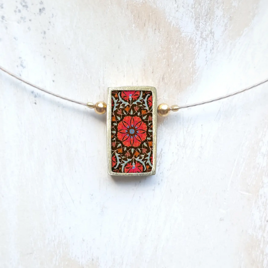 Brass framed red flower ceramic necklace