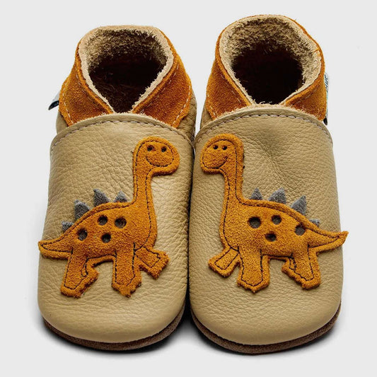 Cream dino barefoot baby shoes|Gifts of Wales