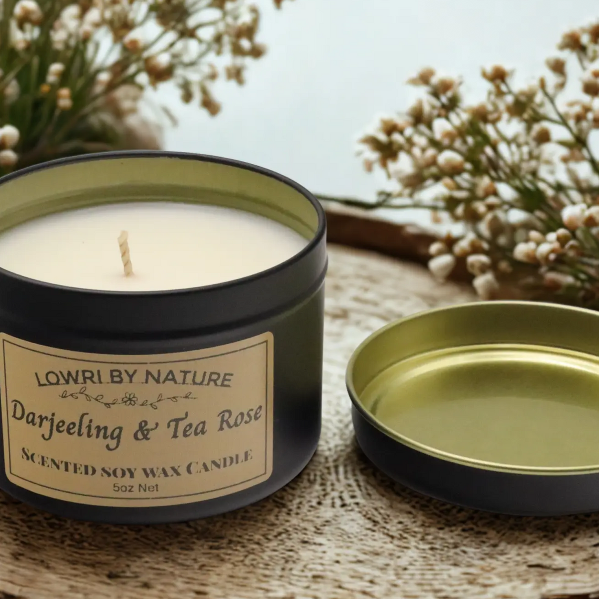 Darjeeling and tea rose candle in a tin 