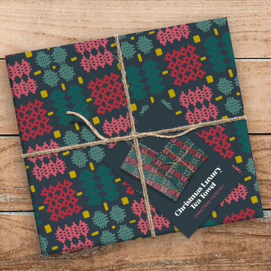 Dark Welsh tapestry design Christmas tea towel 