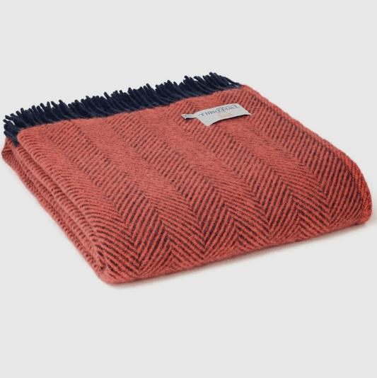 Flamingo and navy herringbone throw