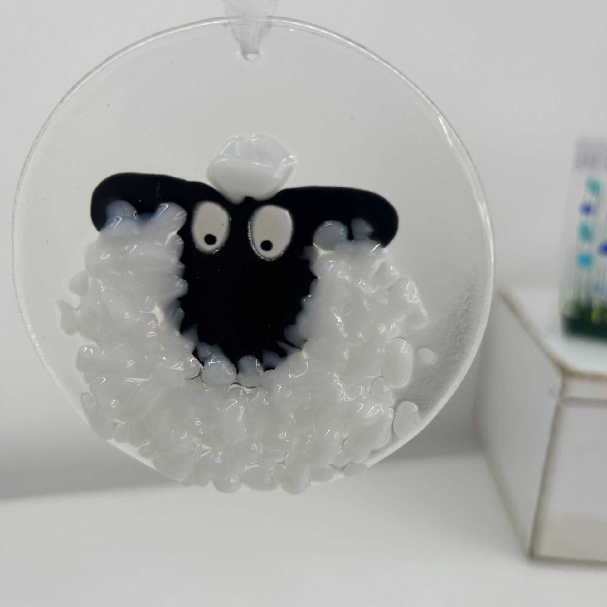 Fused Glass Round Sheep Hanging Ornament - white | Gifts of Wales 