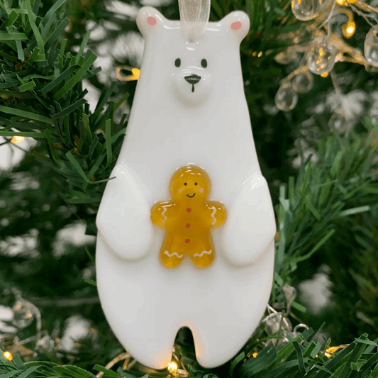 Fused glass decoration - Polar bear with gingerbread man