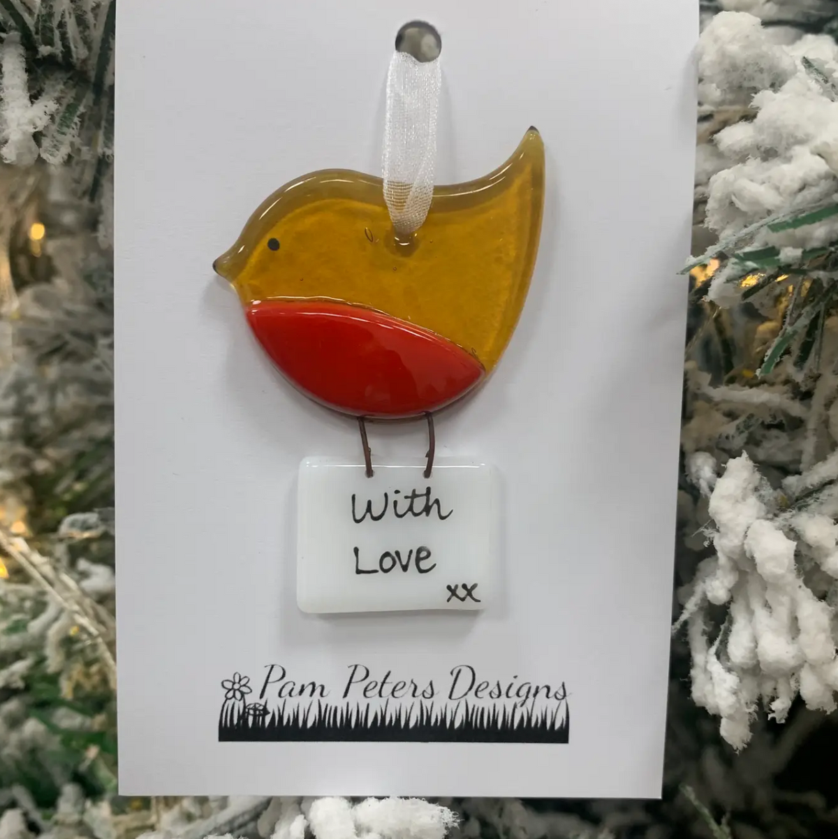 Glass robin Christmas decoration with letter