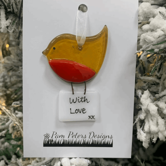 Glass robin Christmas decoration with letter