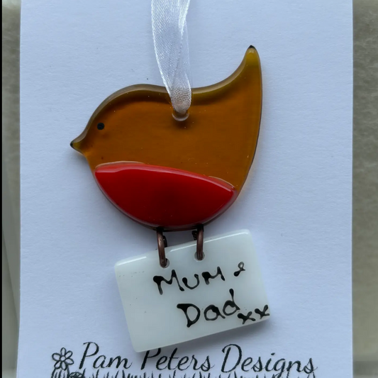 Glass robin with letter for mum and dad decoration