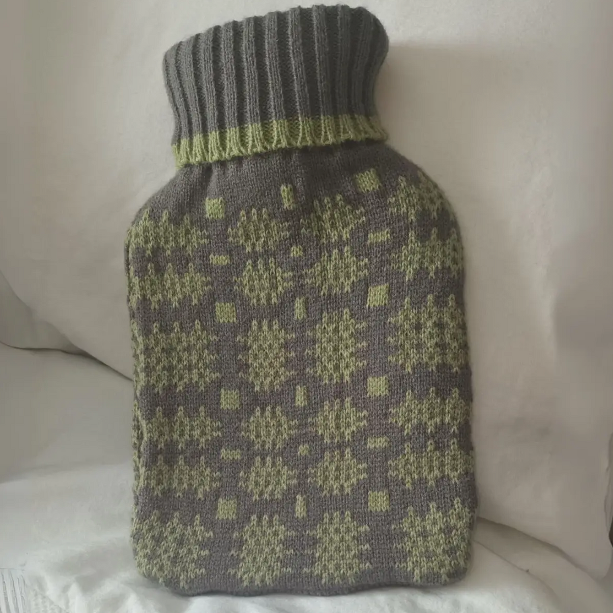 Grey and green  hot water bottle cover in Welsh tapestry design