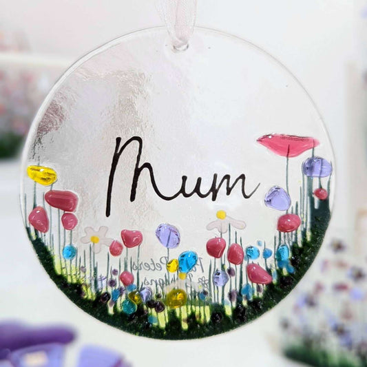Handmade Fused Glass Hanging Decoration - 'Mum' - Gifts of Wales