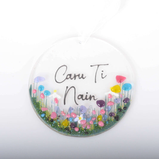 Handmade Fused Glass Hanging Welsh Decoration - Caru Ti Nain