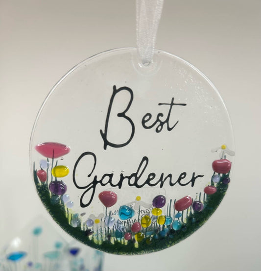 Handmade Fused Glass Hanging Decoration - 'Best Gardener' - Gifts of Wales