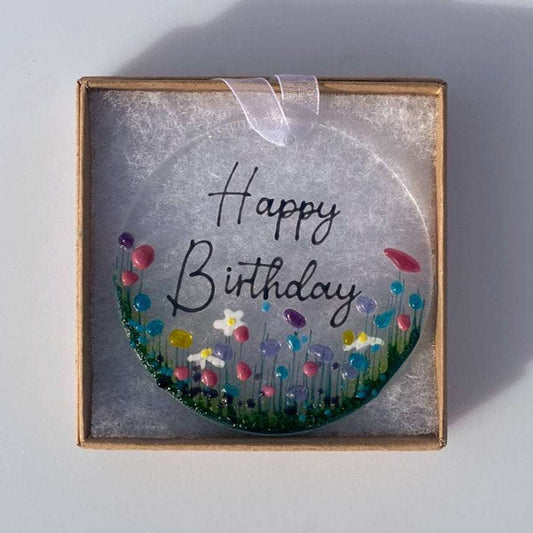 Happy birthday fused glass decoration