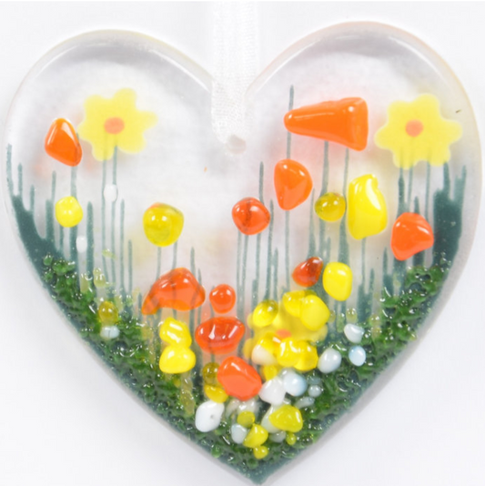 Happy birthday card - Glass heart and daffodil decoration