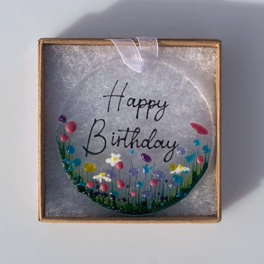 Happy birthday fused glass decoration