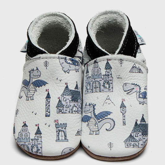 Dragon and castles barefoot baby shoes