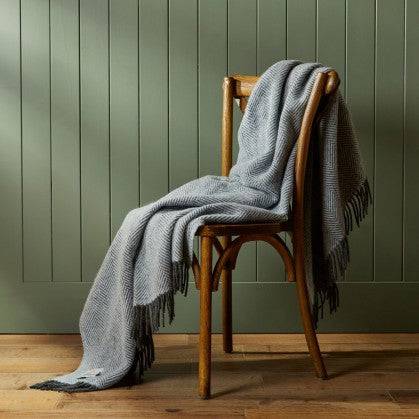 Powder blue and charcoal herringbone throw - Gifts of Wales