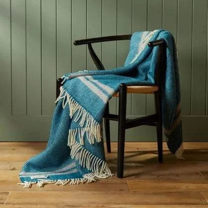 Fishbone stripe teal and silver grey throw - Gifts of Wales