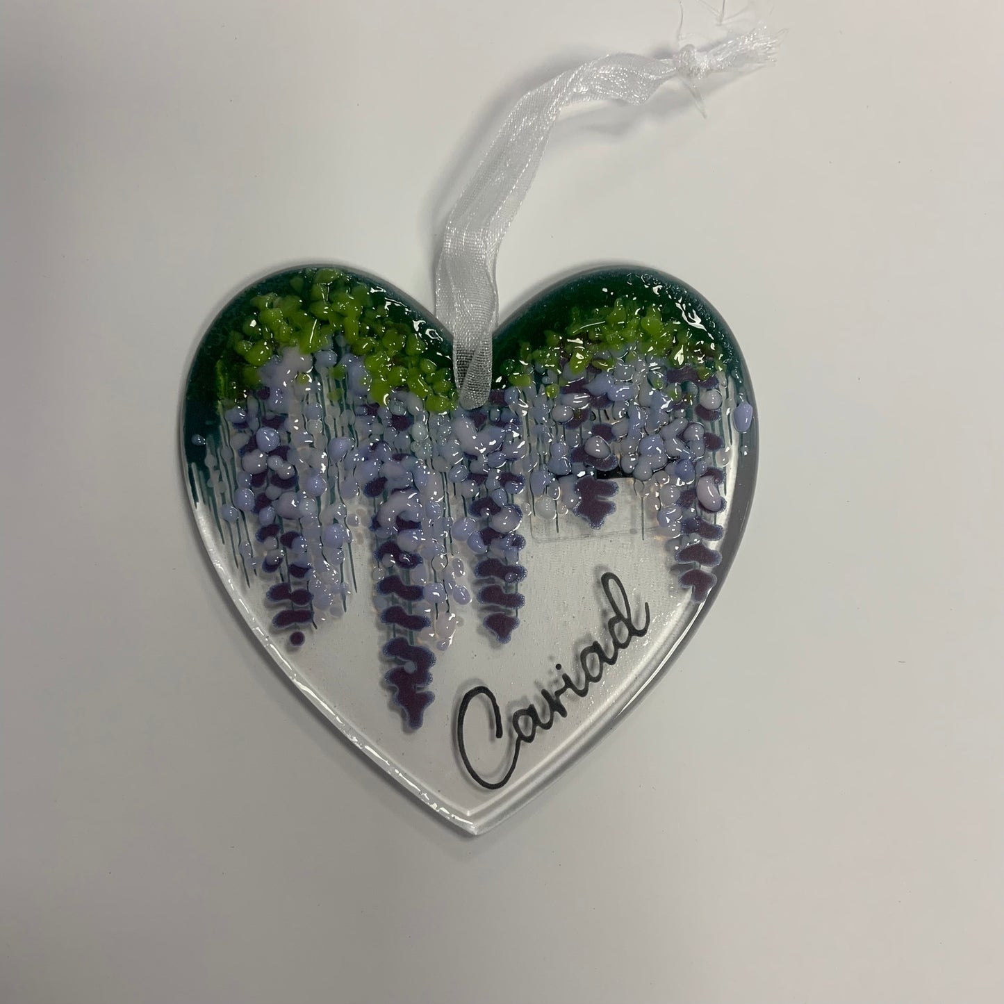 Fused glass wisteria heart - cariad