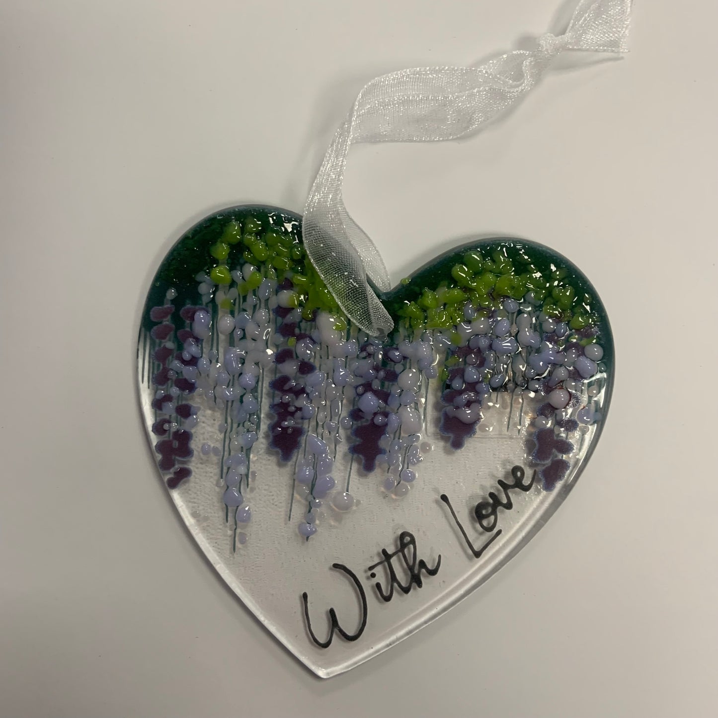 Fused glass wisteria heart - with love