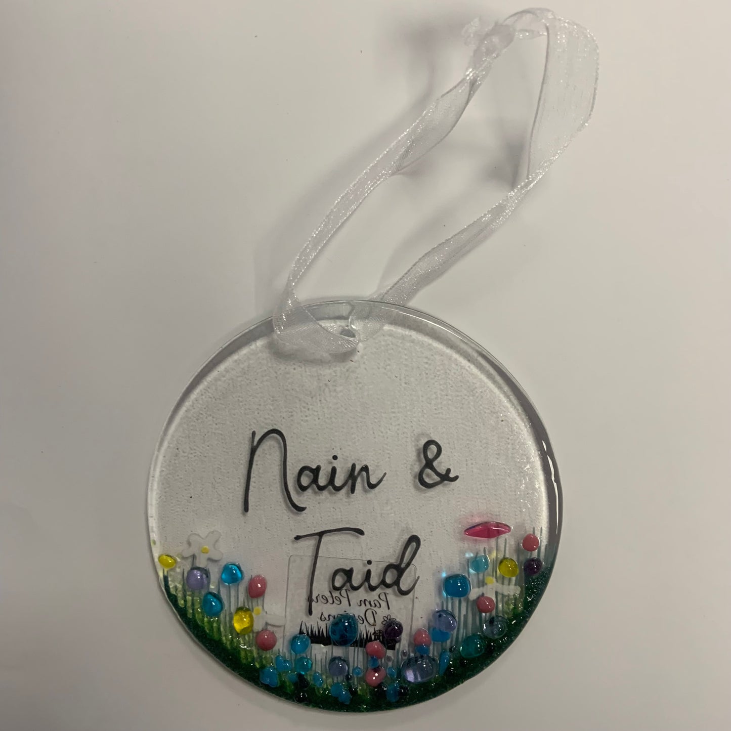 Handmade Fused Glass Hanging Welsh Decoration - Nain and Taid