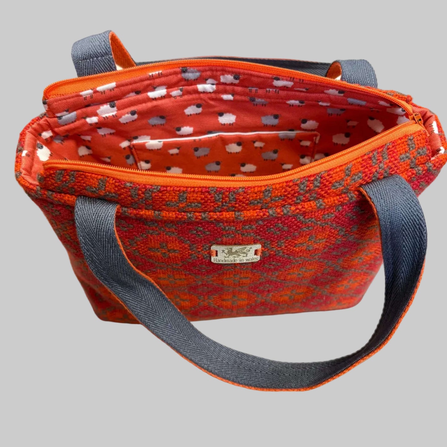 Orange Welsh tapestry zip top bag Inside