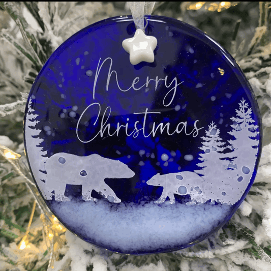 Mum and cub bear fused glass Christmas decoration